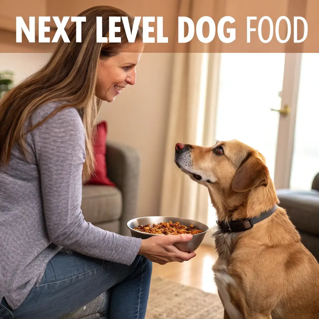 A dog looks up expectantly at a hand holding a bowl, with the text "Next Level Dog Food" below.