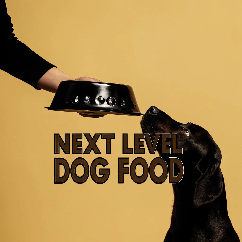  A dog eagerly looks up at a hand holding a bowl, with the text "Next Level Dog Food" below.
