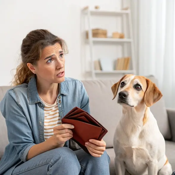 Woman holding empty wallet and looking at her dog