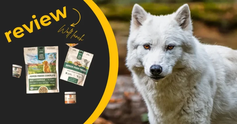 A striking white wolf alongside a selection of lone wolf ranch dog food products presented within a review graphic.