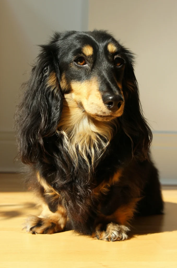 A beautiful long-haired black and tan dachshund sits on a wooden floor, prompting the thought: What Are Cute Rare Dog Names?