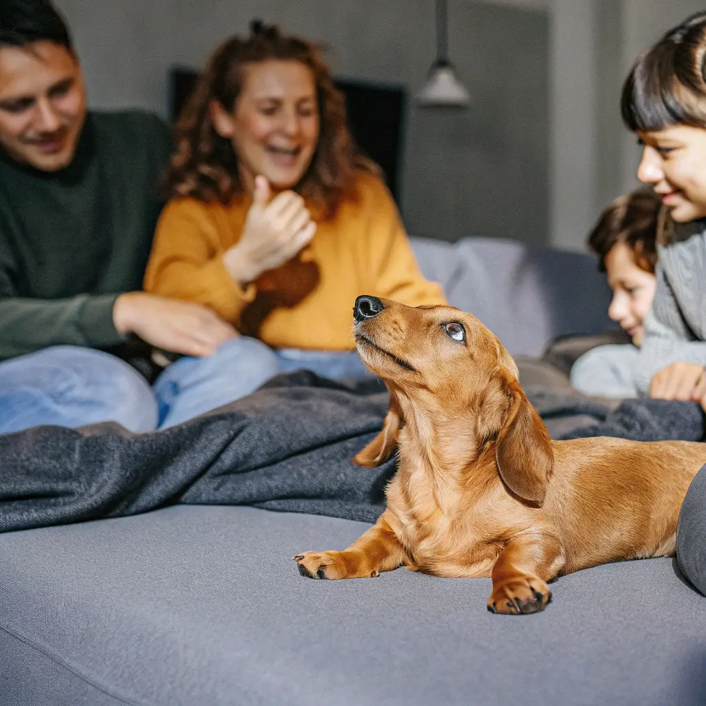 A brown dachshund looks expectantly up at a family, prompting the question: What Are Cute Rare Dog Names?