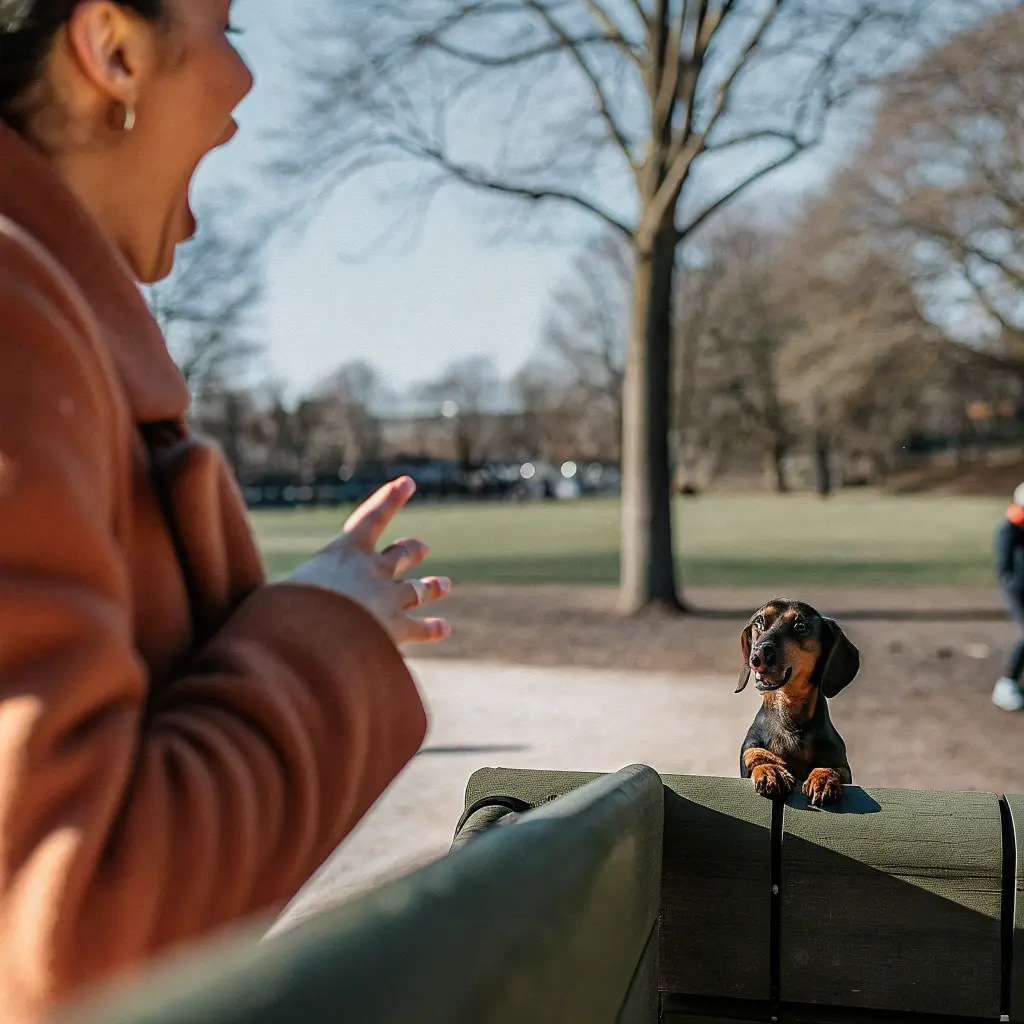 A dachshund looks up at a woman who is calling to him, sparking the question: What Are Cute Rare Dog Names?
