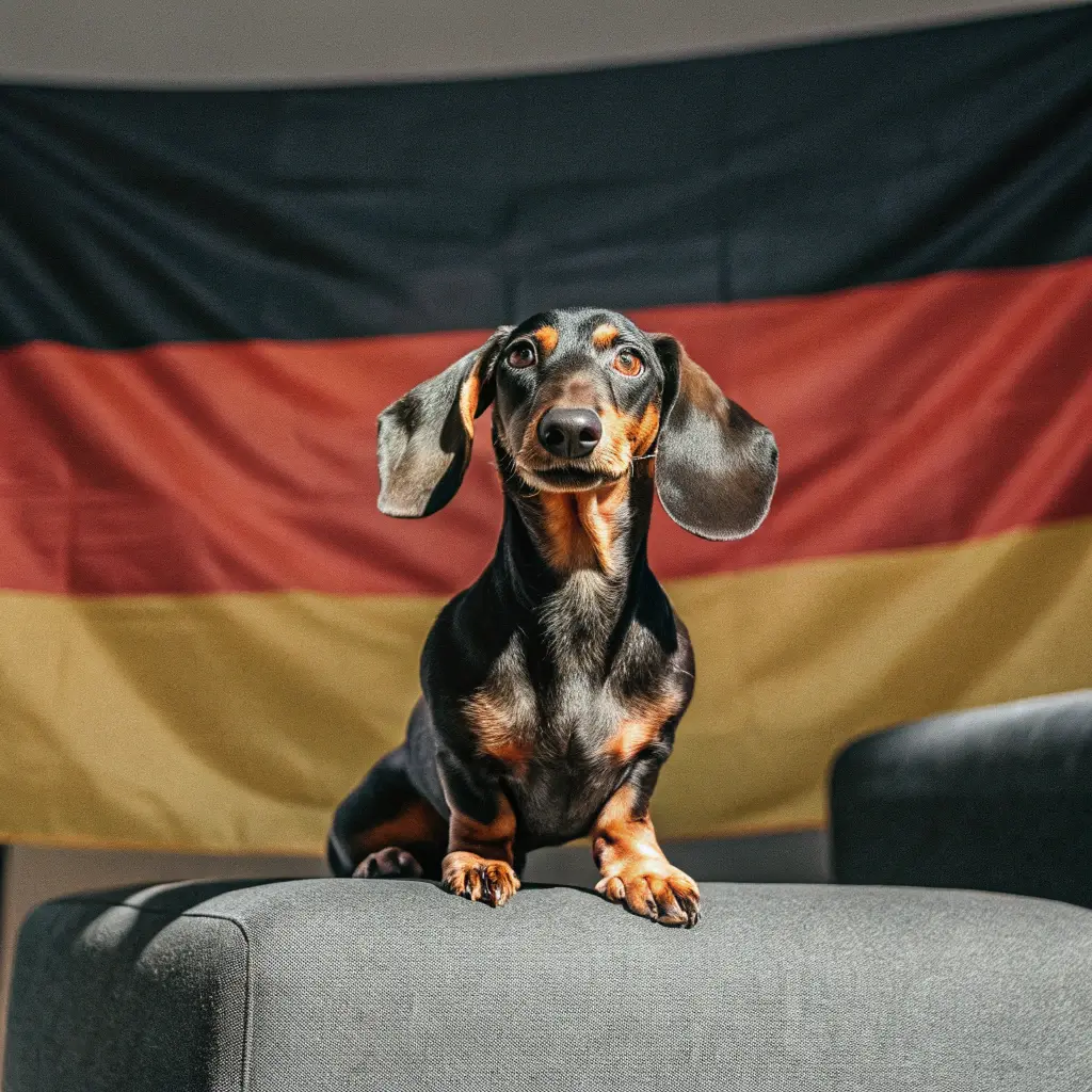 A black and tan dachshund sits proudly on a gray surface in front of the German flag.