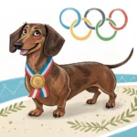 An illustration of a brown dachshund wearing an Olympic medal, with the Olympic rings in the background.
