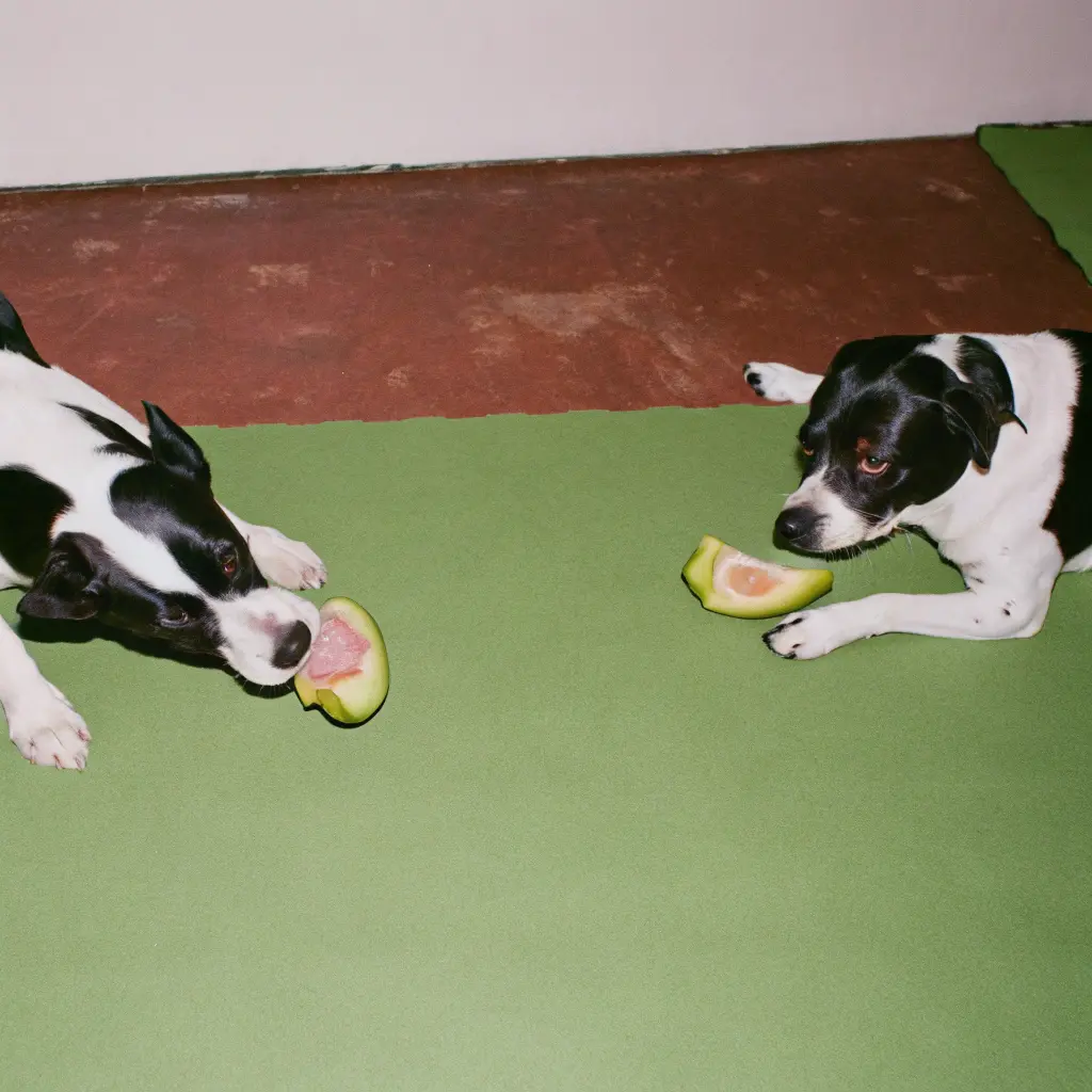 Can dogs have avocado oil? Two dogs interacting with slices of avocado, raising questions about pet safety.
