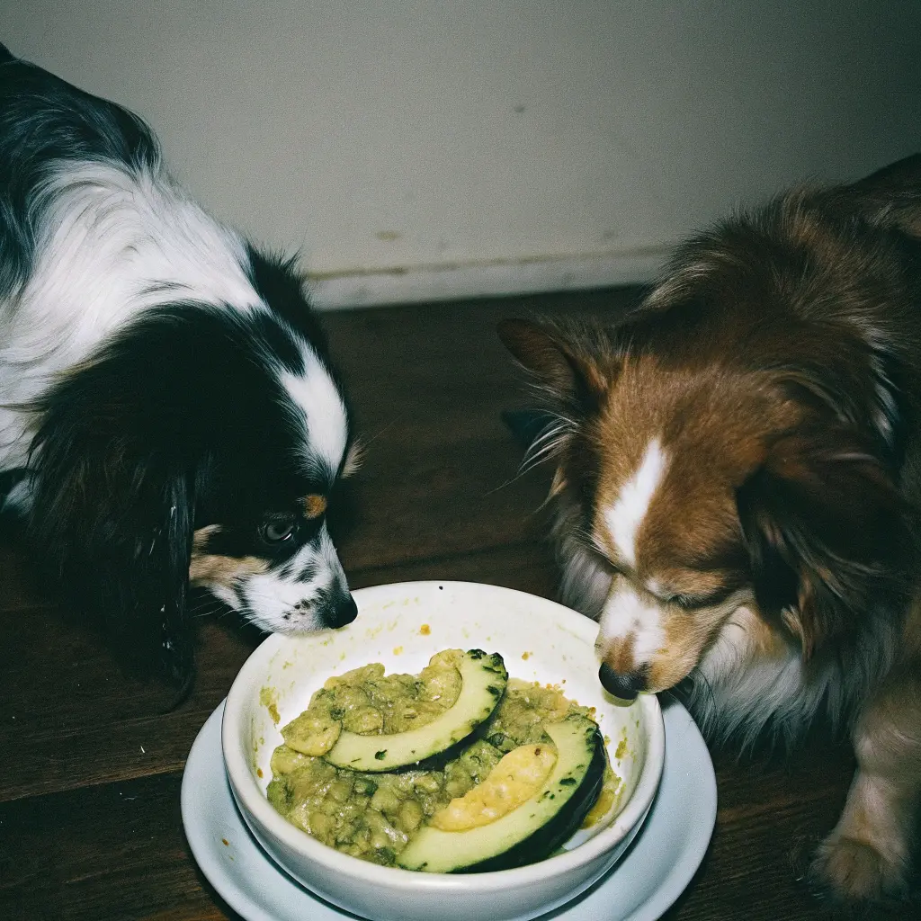 Can dogs have avocado oil? Two dogs intently looking at a bowl of food mixed with slices of avocado.